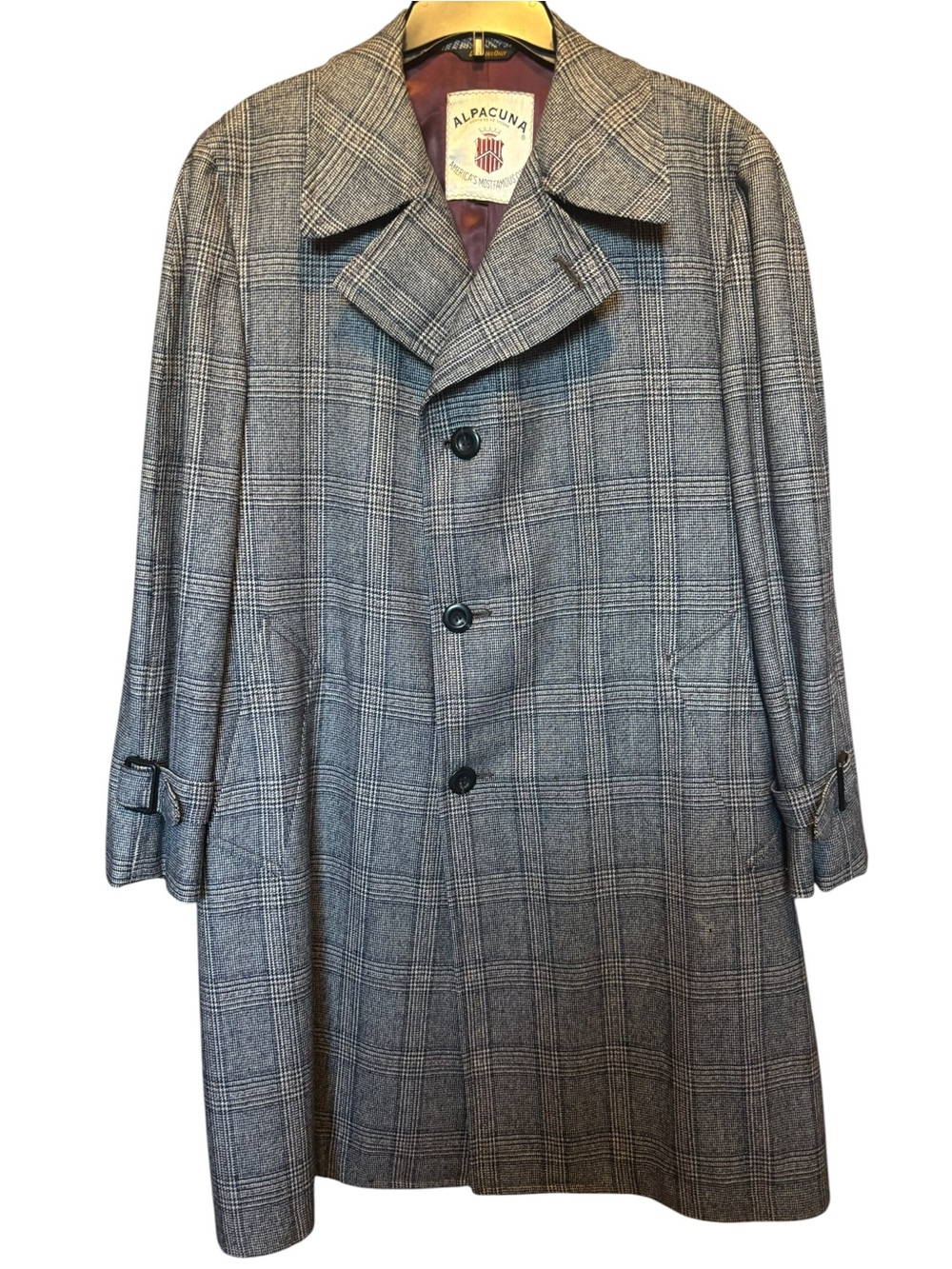 70s Vtg Plaid OverCoat Mens ALPACUNA Famous-Barr Alpaca Wool Blend Approx 46R - Picture 2 of 12
